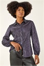 Midnight Blue Foil Plisse Button Through Blouse, Image 4 of 5