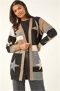 Natural  Star Print Longline Stretch Cardigan, Image 4 of 5