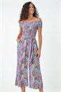 Blue Floral Shirred Stretch Bardot Jumpsuit, Image 4 of 5