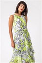 Lime Floral Tie Waist Dipped Hem Dress, Image 1 of 4