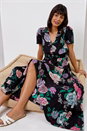 Black Floral Print Shirred Waist Maxi Dress, Image 1 of 5
