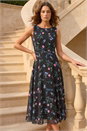Black Petite Floral Ruched Waist Midi Dress, Image 1 of 4