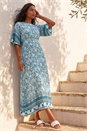 Light Blue Floral Border Print Midi Dress, Image 1 of 4