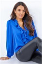 Royal Blue Satin Ruffle Neck Blouse , Image 4 of 7