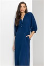 Navy  Buttoned Notch Neck A-Line Dress, Image 3 of 5