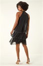 Black Sequin Trim Tiered Halterneck Dress, Image 3 of 5