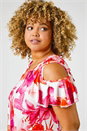Fuchsia Curve Floral Print Cold Shoulder Tunic Top, Image 4 of 5