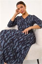 Blue Textured Wave Print V-Neck Midi Dress, Image 4 of 5