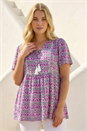 Purple Curve Tie Front V-Neck Boho Printed Top, Image 2 of 4