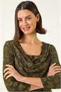 Khaki Cowl Neck Jacquard Stretch Top, Image 4 of 5