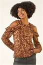 Tan Animal Print Plisse Ruffle Top, Image 1 of 5