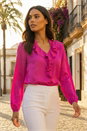 Cerise Satin Ruffle Neck Blouse , Image 1 of 4
