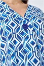 Blue Geometric Pleated Button Detail V-Neck Top, Image 5 of 5