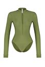 Khaki Zip Front High Neck Long Sleeve Swimsuit, Image 3 of 5