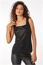 Black Sequin Sparkle Stretch Vest Top, Image 1 of 5