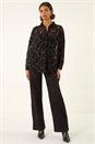 Black Textured Floral V-Neck Top, Image 3 of 6