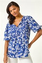 Blue Leaf Print Tie Neck Pleated Top, Image 6 of 6