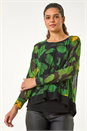 Green Floral Mesh Overlay Stretch Top, Image 2 of 5