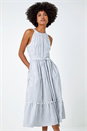Blue Tiered Cotton Halter Neck Stripe Dress, Image 5 of 5