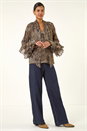 Beige Animal Print Tie Front Flared Top, Image 3 of 5