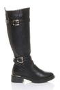 Black AJVANI Black Stretchy Elastic Zip Calf Biker Knee Boots, Image 1 of 5