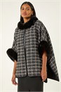 Black Faux Fur Jacquard Knit Poncho, Image 1 of 5