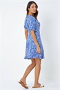 Blue Floral Print Frill Hem Tea Dress, Image 3 of 5