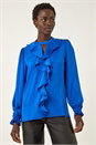 Royal Blue Ruffle Front Keyhole Satin Top, Image 2 of 5