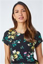 Black Floral Chiffon Hem Stretch Top, Image 4 of 5