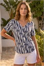 Navy  Petite Geo Print V-Neck Stretch Blouse, Image 3 of 4