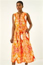 Orange Abstract Tie Neck Midi Dress, Image 1 of 5