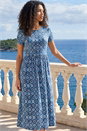 Blue Petite Abstract Gathered Waist Dress, Image 1 of 4