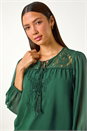 Dark Green Embroidered Lace Shirred Hem Top, Image 4 of 5