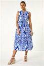 Blue Abstract Halter Neck Midi Dress, Image 2 of 5