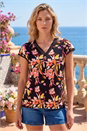 Black Lace Floral Trim V-Neck Top, Image 1 of 4