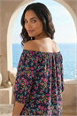 Pink Floral Print Stretch Bardot Top, Image 3 of 4