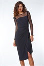 Black Spot Mesh Puff Sleeve Ruched Midi Dress, Image 2 of 5
