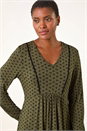 Khaki Ditsy Lace Trim V-Neck Frill Dress, Image 3 of 5