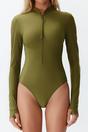 Khaki Zip Front High Neck Long Sleeve Swimsuit, Image 2 of 5
