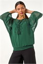 Dark Green Embroidered Lace Shirred Hem Top, Image 2 of 5