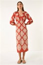Rust Geo Print V-Neck Midi Dress, Image 2 of 5