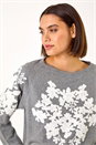 Grey Floral Applique Detail Stretch Top, Image 2 of 5