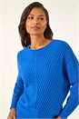 Royal Blue Ribbed Chevron Print Batwing Jumper, Image 4 of 5
