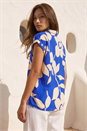 Royal Blue Floral Mono Print V-Neck Shirt, Image 3 of 4