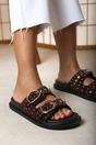 Dark Brown Ceylon Diamante Stud Double Buckle Slide On Sandal, Image 1 of 6