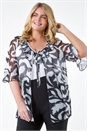 Black Curve Tie Front Printed Mesh Top, Image 1 of 5