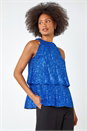 Royal Blue Sequin Tiered Halterneck Stretch Top, Image 2 of 6