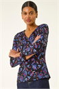 Blue Floral V-Neck Stretch Top, Image 4 of 5