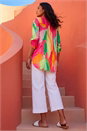Pink Abstract Print V-Neck Button Up Blouse, Image 3 of 4