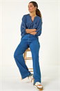 Denim V-Neck Longline Button Up Detail Blouse , Image 2 of 5